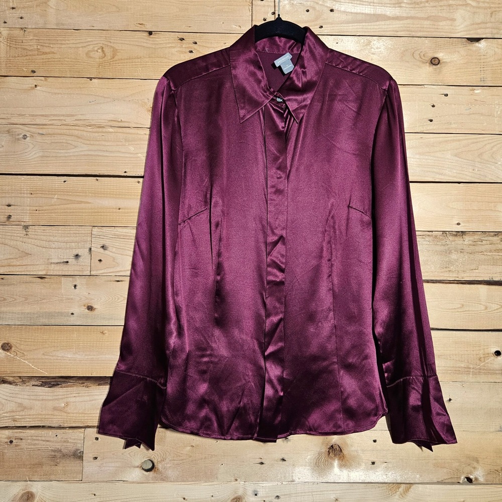 Ann Taylor 100% Silk Satin Blouse Burgundy Wine French Cuff Button Down Shirt 12